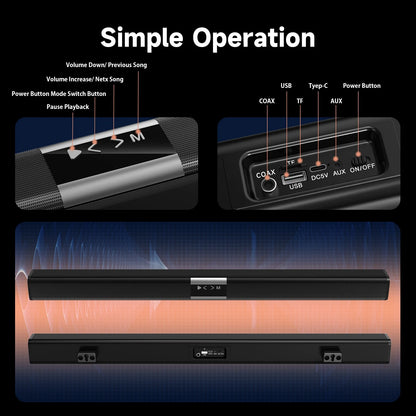 35.24" Soundbar for TV, 50W Wireless Soundbar with Subwoofer and Surround, Bluetooth 5.3 Home Theater TV Audio Speaker, USB/TF Card/AUX/Coaxial Connection, Wall Mountable