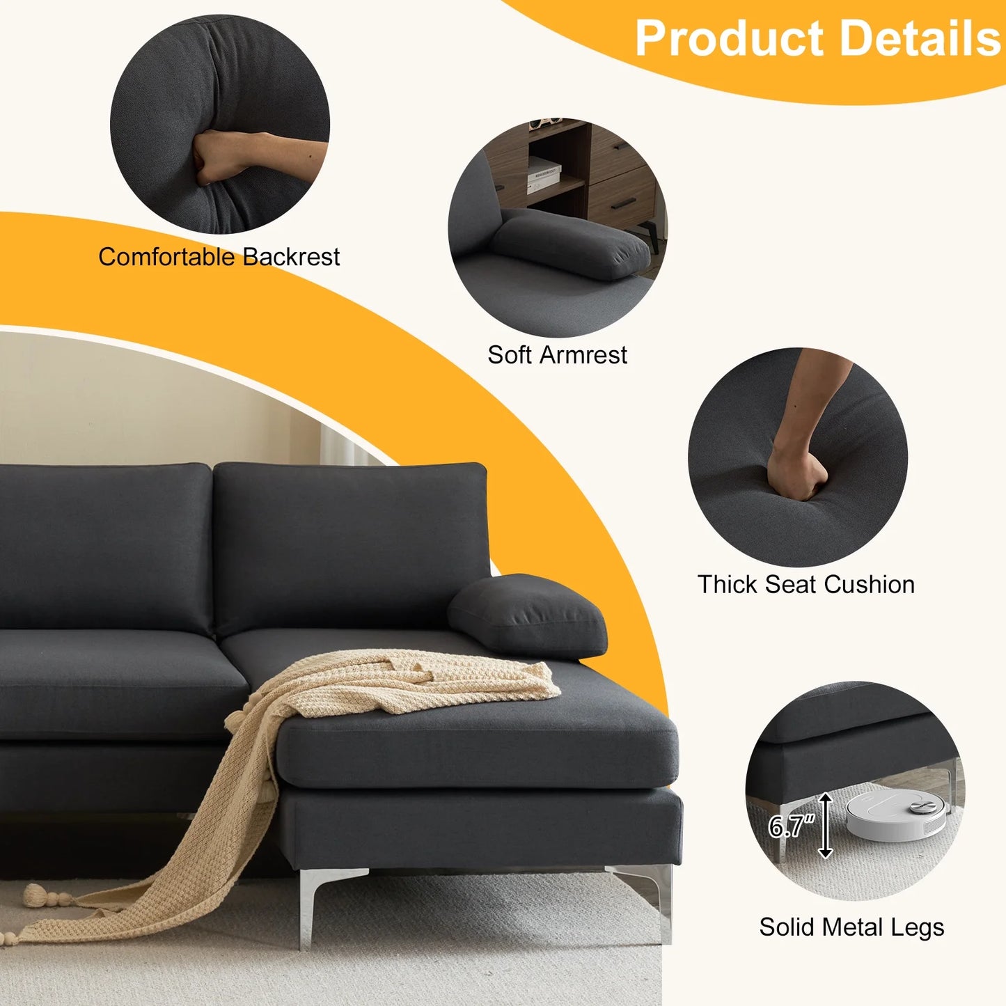 Ktaxon Sectional Sofa, U-Shape Convertible Couch Set with Soft Linen Fabric, Lounge Sleeper with Chaise for Living Room 4 Seat Dark Gray