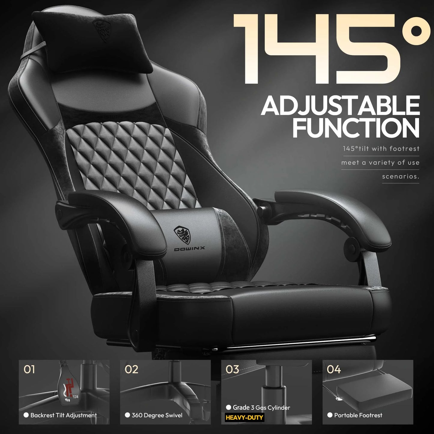Dowinx Ergonomic Gaming Chair with Pocket Spring Cushion & Massage Lumbar Support  High Back Office Computer Chair with Footrest for Adults, 300LBS Capacity, Leather Design， Black