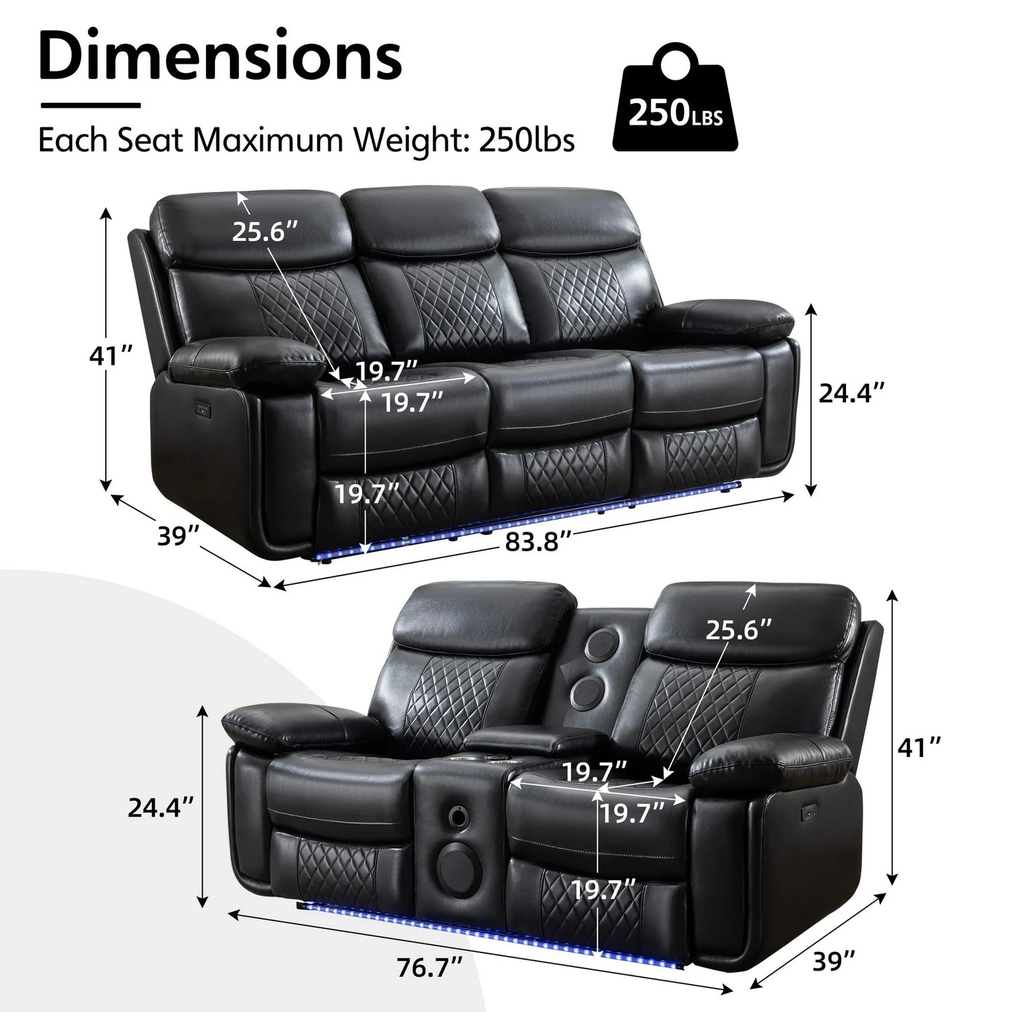 Othniel 2PCS Power Recliner Sofa Sets with Bass Speaker,Wireless Charger LED Light,USB Port,Gray