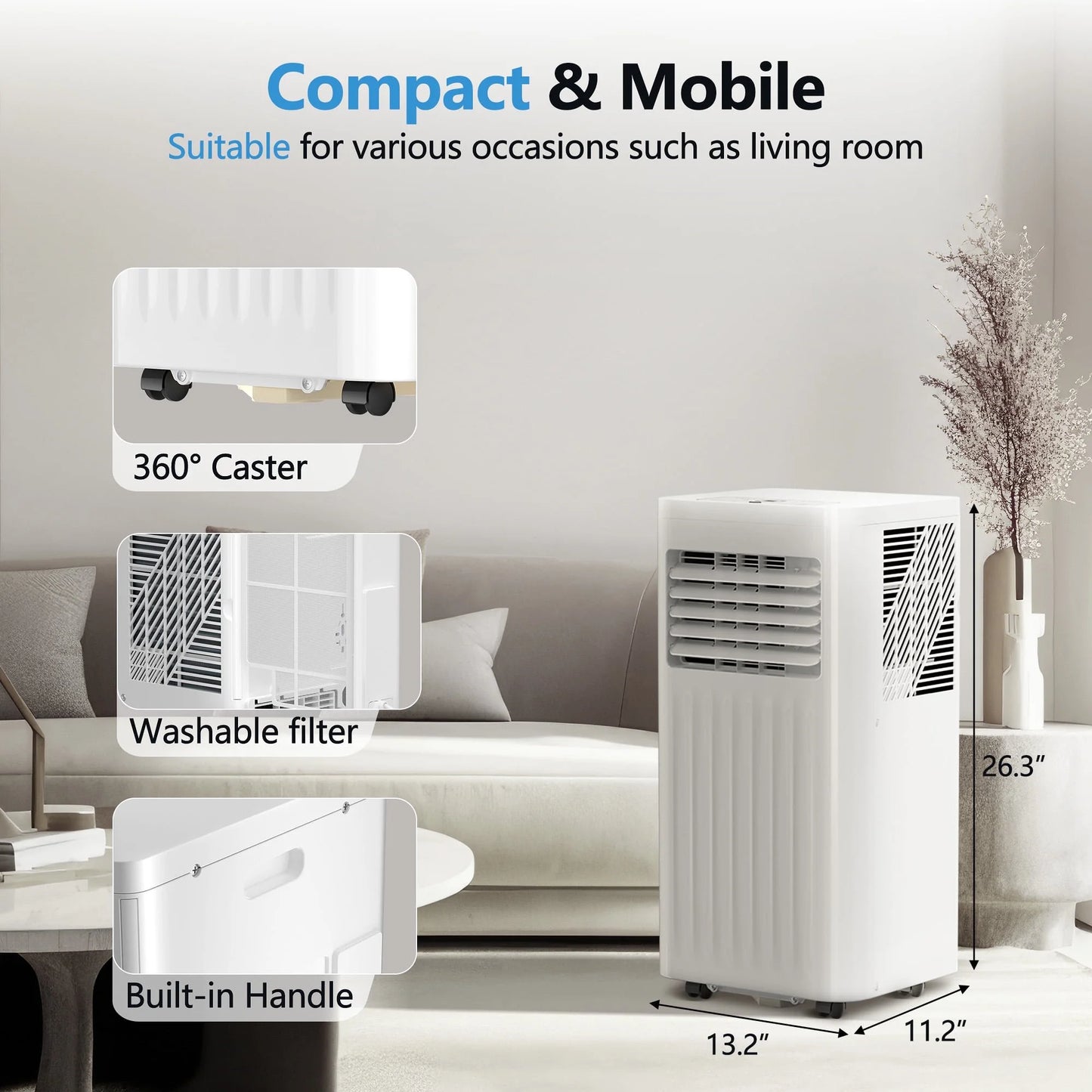 KISSAIR 5000BTU (8000 ASHRAE) Portable Air Conditioner/Dehumidifier/Fan, Covers up to 150 Sq. Ft.,3 in 1 AC with 24H Timer for Home/Office