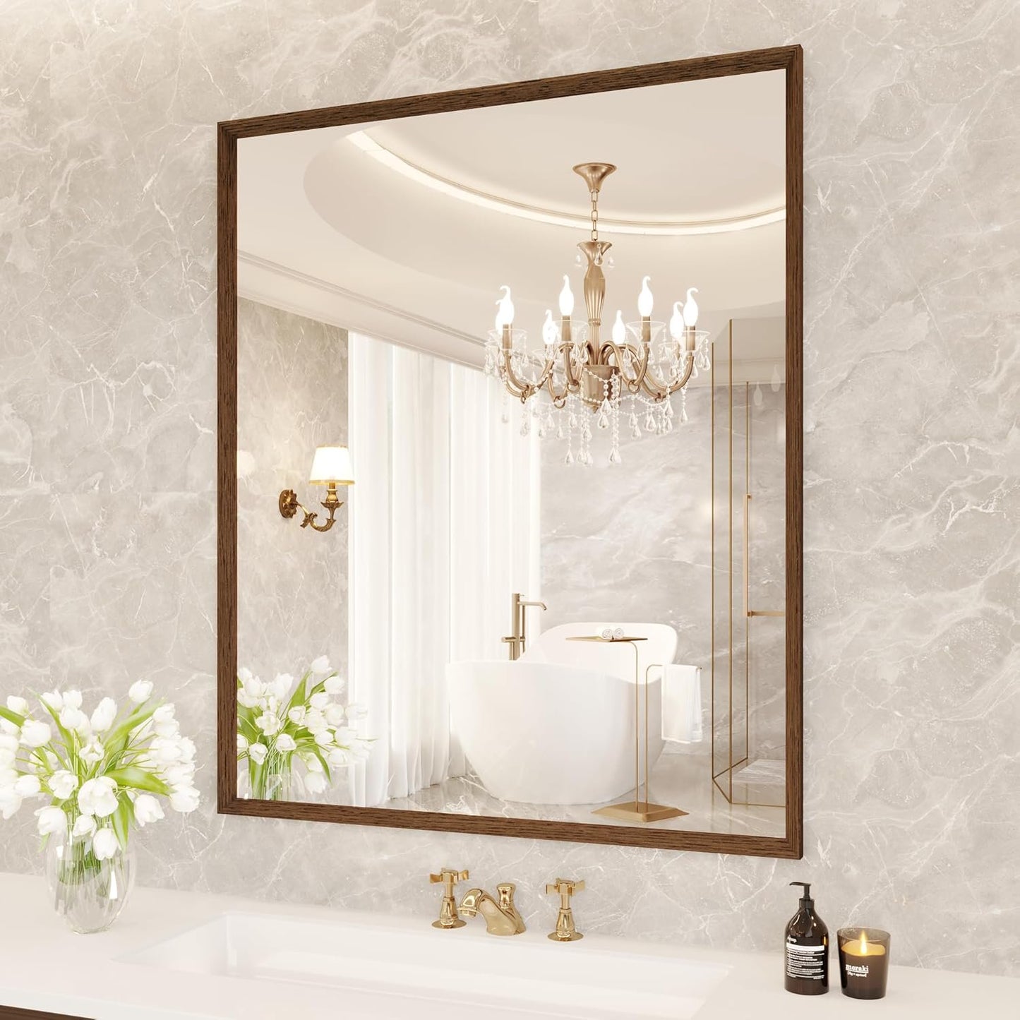 Swafrrt 22 x 30  Bathroom Wall Mirror with Walnut Wood Grain Framed, Vanity Mirror Anti Rust, Anti Fog, Waterproof