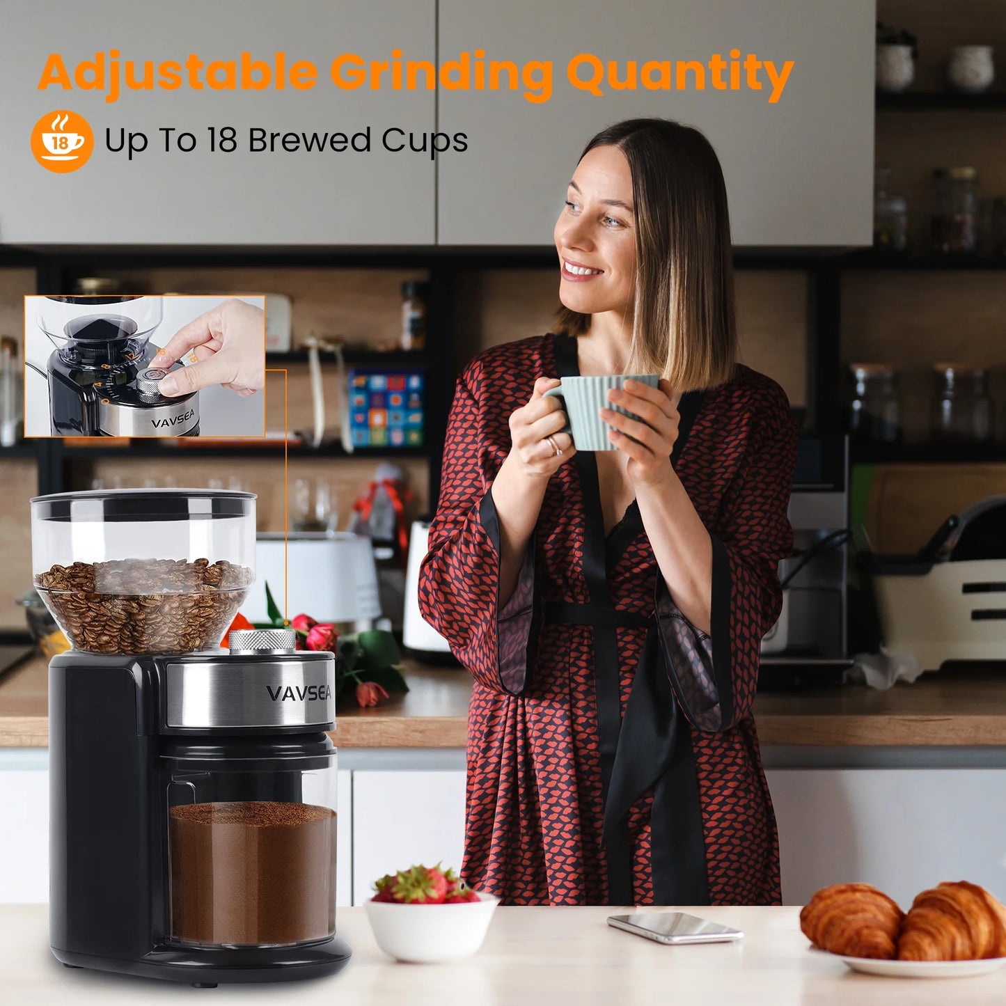 VAVSEA Burr Coffee Grinder, Electric Coffee Bean Grinder with 18 Precise Grind Settings, 3 18 Cup, for Espresso/Drip/Pour over/Cold Brew/French Press