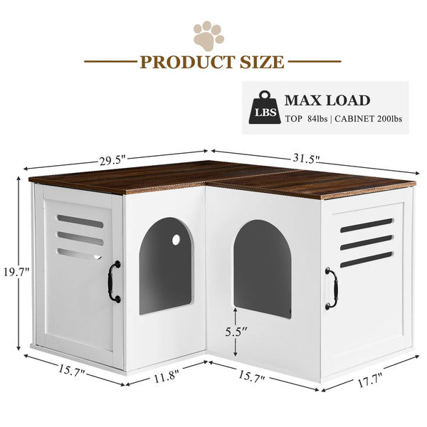 JanflyHome Litter Box Enclosure Furniture, Farmhouse Corner Cat Litter Box Enclosure for 2 Cats with 2 Silicone Food Bowls, White