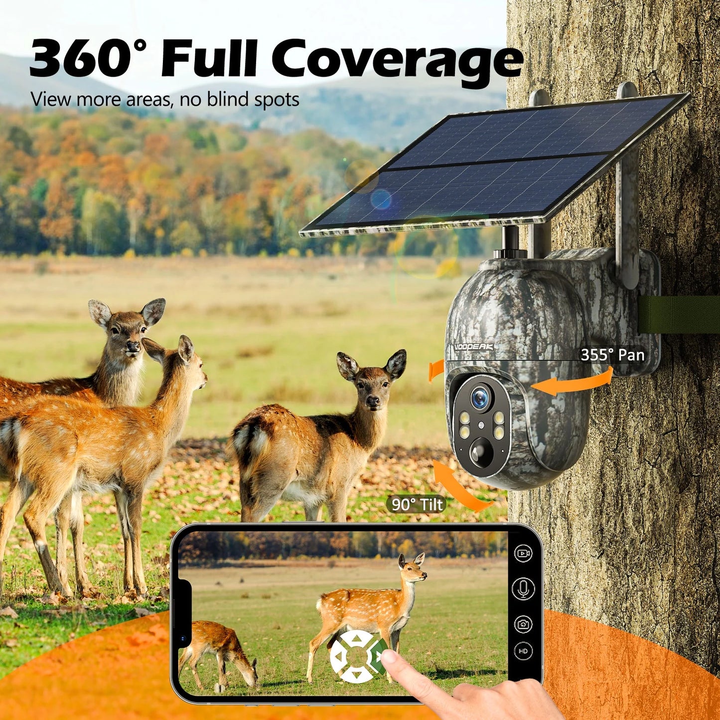 CAMPARK 4G LTE Cellular Trail Camera Wireless, Solar Powered Game Camera with 360Pan 90Tilt, 2.5K HD Night Vision, Motion Activated, Waterproof IP66, Hunting Security Camera with SIM Card, NO WiFi