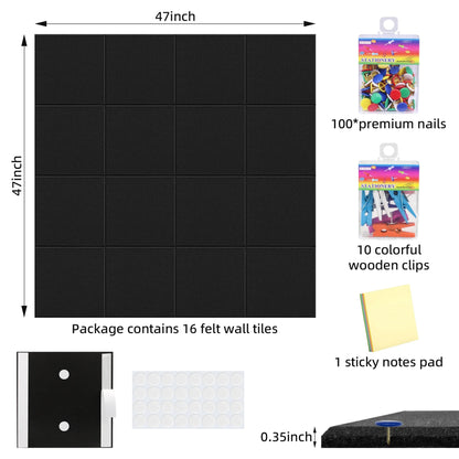 Sentryse Felt Tile Bulletin Board, 16 Pack Felt Wall Tiles with 100 Push Pins,10 Push Pin Clips, Sticky Notes, Large Alternative Cork Board for Walls Home Office, 47 X 47 inches