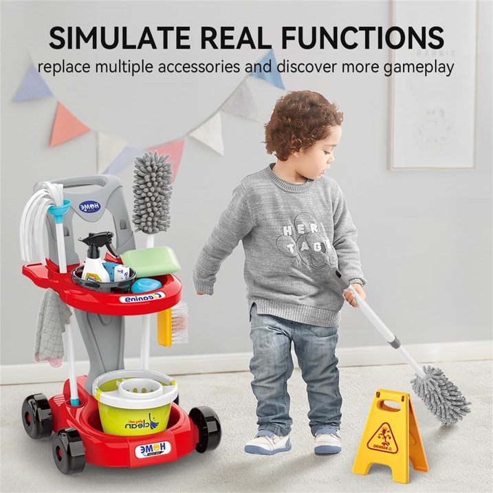 Kids Cleaning Toy Set 29PCS, Toddler Cleaning Set with Broom and Dustpan Set, Housekeeping Pretend Play Toys with Kids Vacuum, Duster, Brush, Rag, Toddler Girl Boy Toys, Red