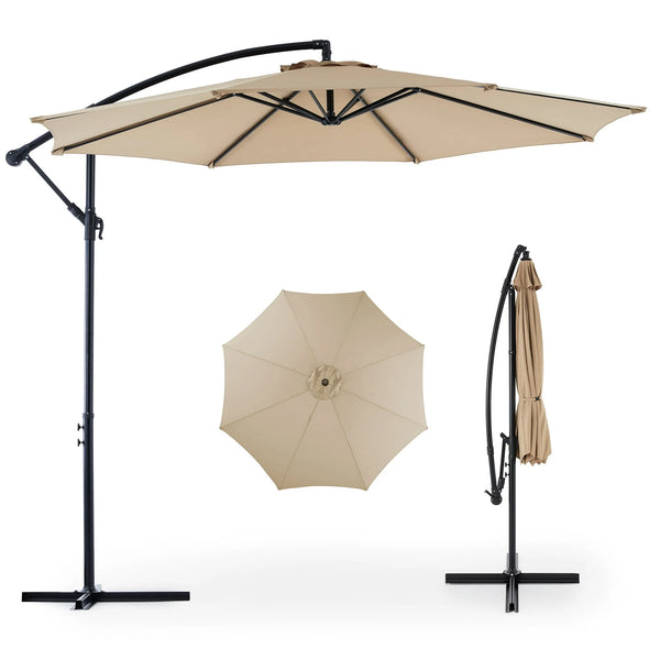 edx 10FT Offset Hanging Patio Umbrella Outdoor with Push Button Tilt & Self-Locking, Polyester Shade, 8 Sturdy Ribs, Khaki