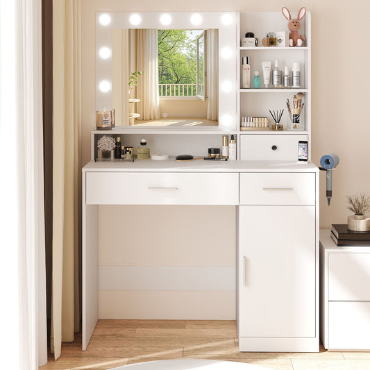 edx Vanity Desk with Mirror, Makeup Vanity Table with 3 Color Light Options Adjustable Brightness for Bedroom Dressing Room, White