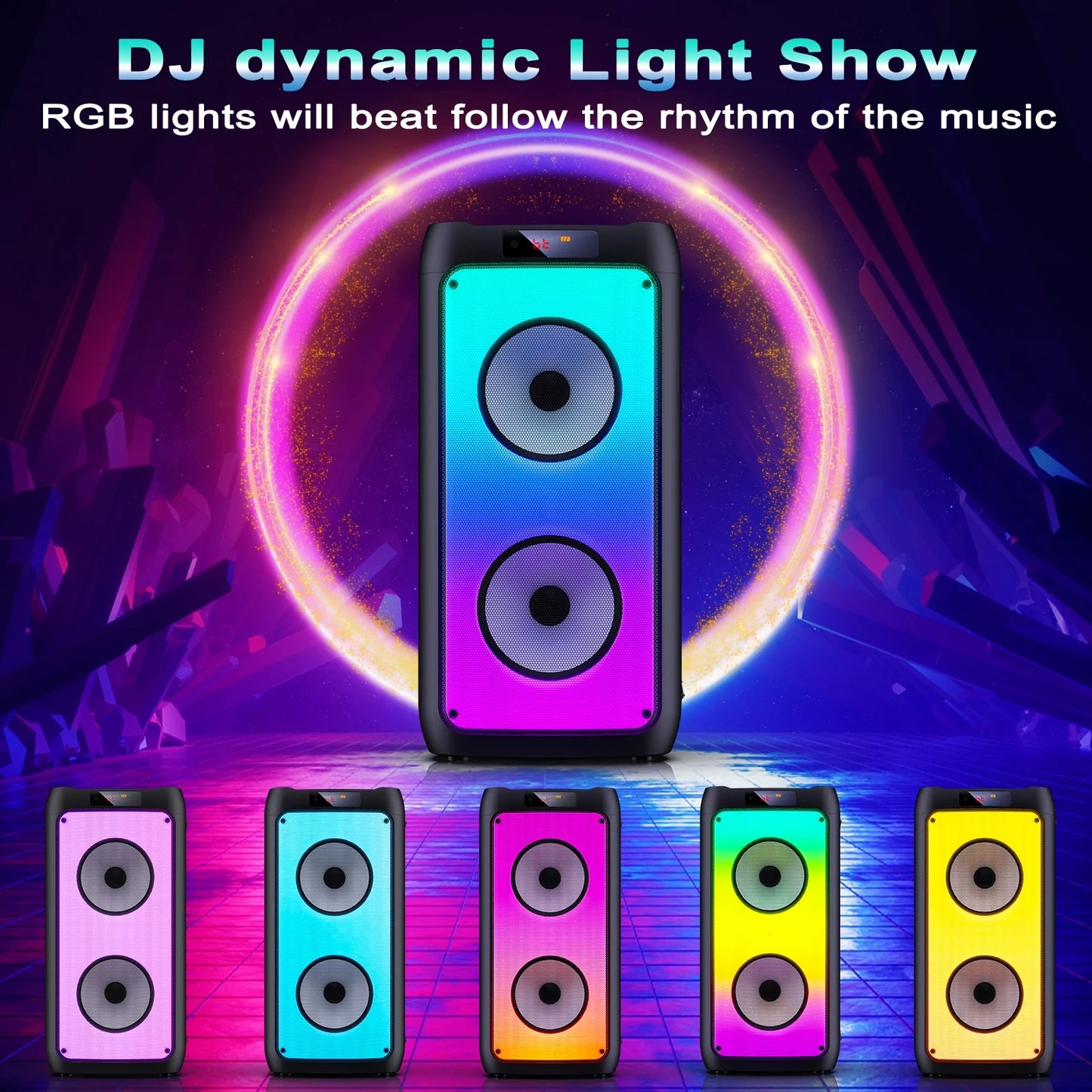 FanFun Party Speaker, Portable Bluetooth Speaker with 2 Microphone & DJ Light, Wireless Speaker for Outdoor