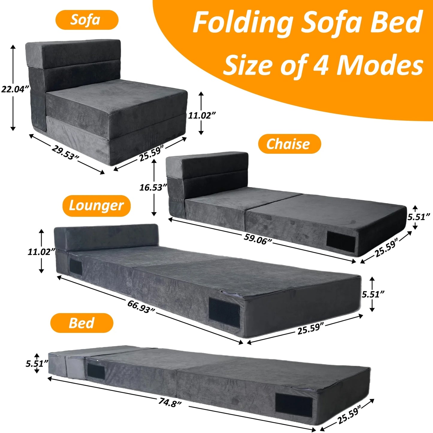 HYEASTR Folding Sofa Bed Convertible Sleeper Chair Floor Couch, High Resilience Memory Foam Lazy Sofa, Futon Sofa Sleeper Chair with Washable Cover for Living Room/Bedroom - Dark Gray