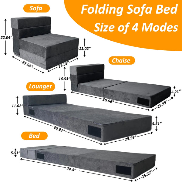 HYEASTR Folding Sofa Bed Convertible Sleeper Chair Floor Couch, High Resilience Memory Foam Lazy Sofa, Futon Sofa Sleeper Chair with Washable Cover for Living Room/Bedroom - Dark Gray