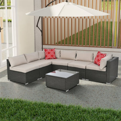 7 Piece Outdoor Patio Furniture Set, All Weather Rattan Patio Furniture Set with Glass Table and Ottoman, Wicker Patio Furniture Sectional Set for Garden Patio Balcony Porch Backyard, Dark Gray