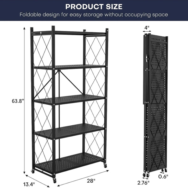 HYEASTR 5-Tier Foldable Storage Shelf with Wheels - Metal Collapsible Shelving Unit Display, Rolling Cart for Books Kitchen Storage Shelves, Pantry & Closet Organizer, Office Room Decor - Black
