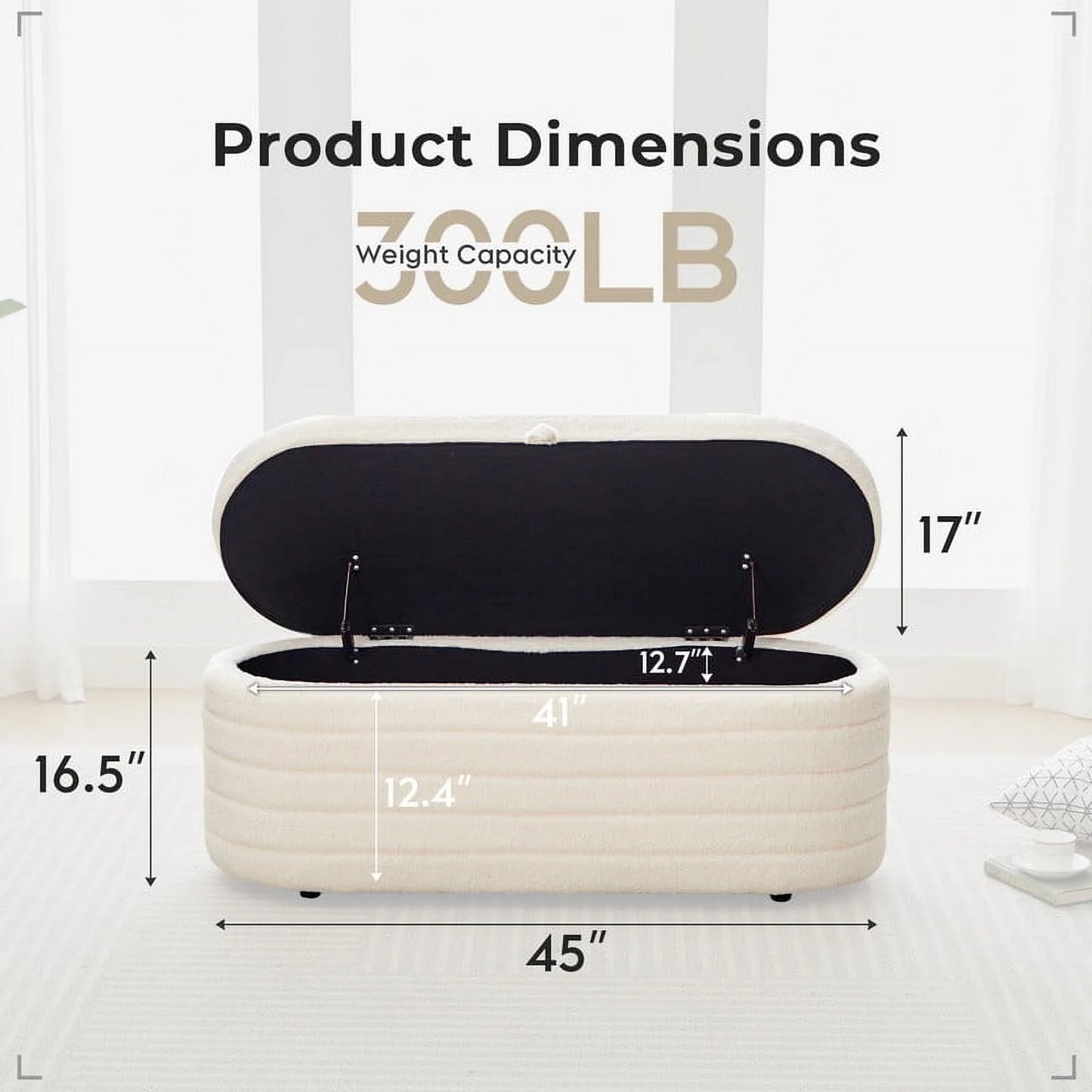Othniel 45x16.5 Inch White Teddy Storage Ottoman Bench,Oval Footrest with Anti-Slip Legs