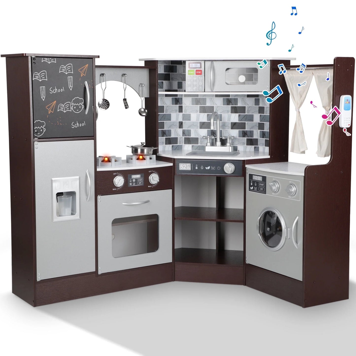 iYofe Corner Play Kitchen, Espresso Kids Kitchen Playset with Lights & Sounds, Play Phone and Curtains, Wooden Kitchen Toys for Ages 3-5 Boys Girls