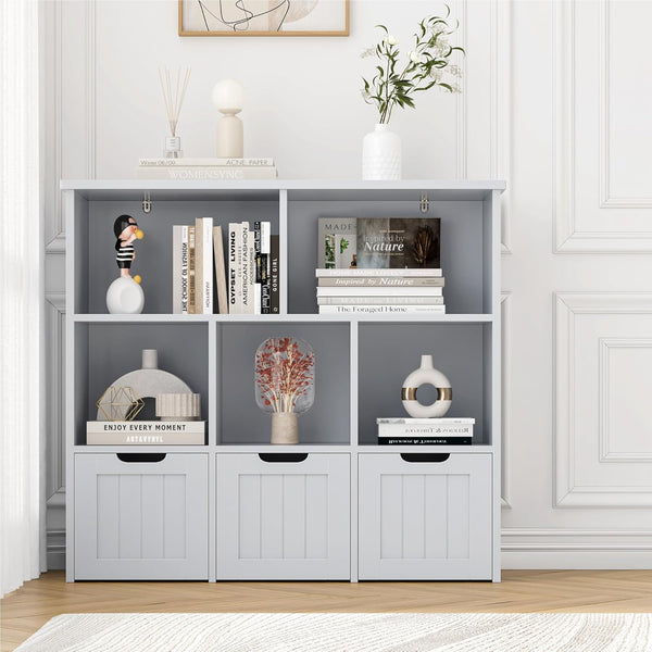 Kids Bookshelf and Toy Organizer, Wooden Kids Bookcase, Toddler Montessori Bookshelf with 3 Movable Drawers, Toy Storage Organizer for Kids Room, Living Room, Nursery