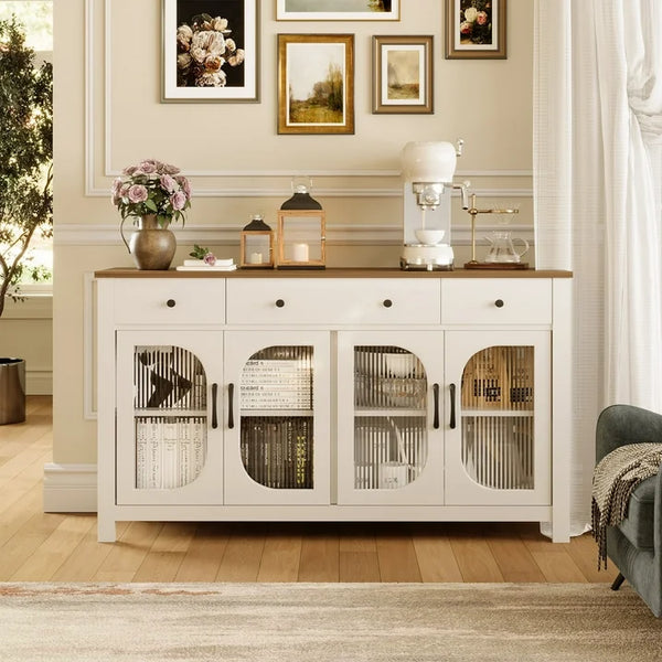spanspace 55" Large Sideboard Buffet Cabinet with Storage, Buffet Table with 3 Drawers and 4 Glass Doors, Kitchen Buffet Storage Cabinet Coffee Bar Cabinet for Living Room,White