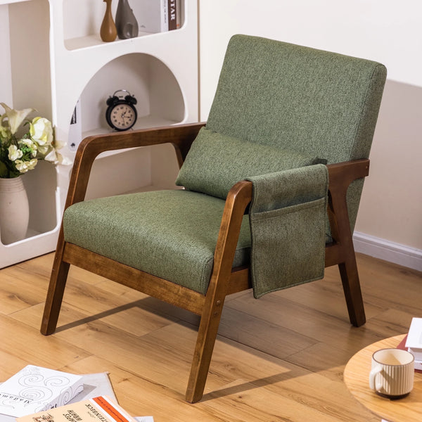spanspace Mid-Century Modern Accent Chair with Wooden Frame, Upholstered Fabric Armchair for Living Room, Bedroom and Office, Green