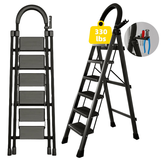 stusgo 6 Step Steel Ladder Folding Step Stool with Tool Holder for Easy Use Black