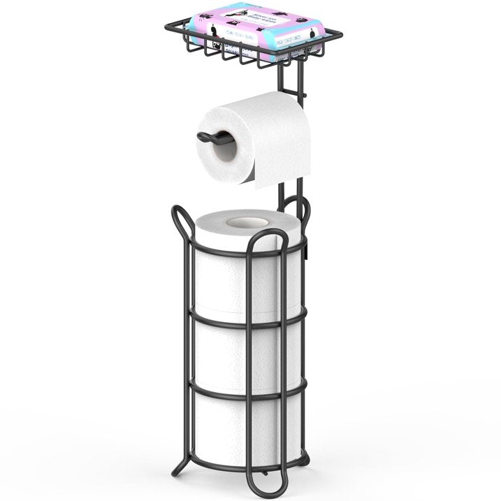 stusgo Inserted Tube Upgraded Toilet Paper Holder Free Standing, Paper Roll Dispenser with Top Storage Shelf for Bathroom-Black