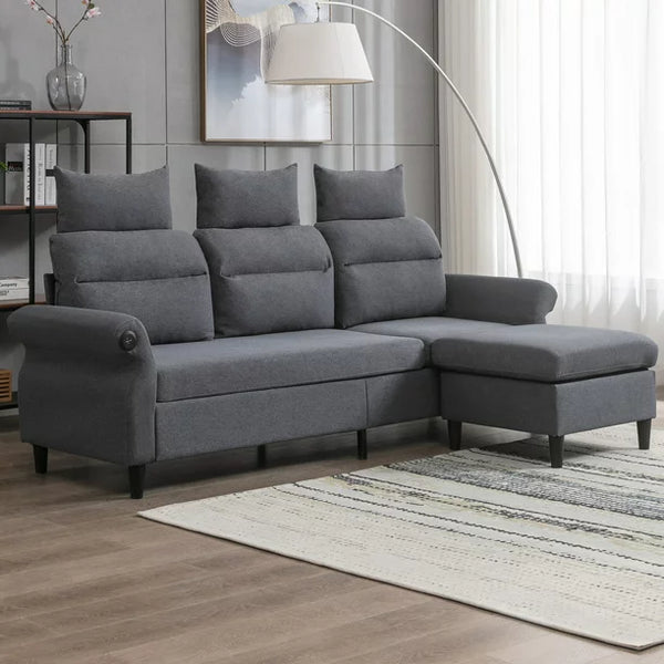 Mjkone L-Shaped Couch with Storage Ottoman and 2 USB Ports, Convertible Sectional Sofa Couch with Adjustable Armrest, Living Room Furniture Suitable for Apartment/Living Room,Dark Grey