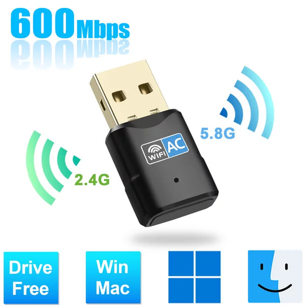 600Mbps USB Wifi Adapter, Drive Free 2.4G/5G Dual Band Wifi Dongle Wireless Network Adapter, Wifi Adapter for Desktop PC Support Win 11/10/8/7/XP Mac OS 10.9-10.15