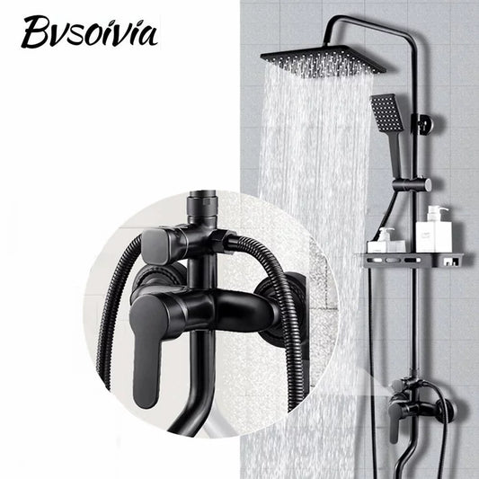 BVSOIVIA 3 IN 1 Bathroom Shower Faucet Rainfall Shower Set Matte Black Wall Mount Bathtub Shower Mixer Tap Shower System with Shelf