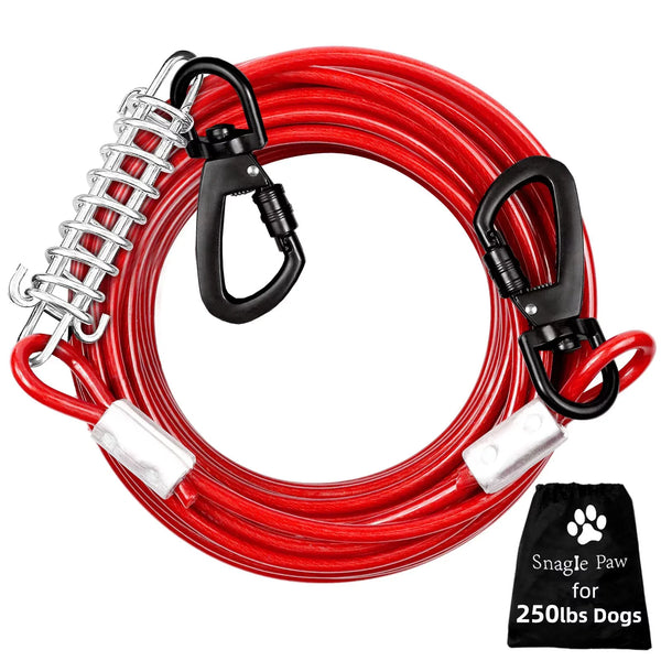 Snagle Paw Dog Tie Out Cable Chain 30FT for Dog Up to 250lbs W/ Spring Dog Runner Lead for Outdoor Camping, Red