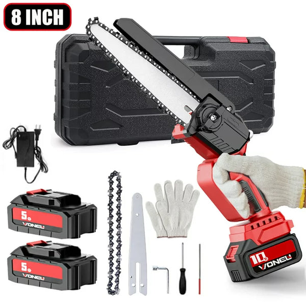 8 inch Mini Chainsaw, Cordless Portable Chainsaw with 2×1500mAh Battery, One-Hand Lightweight Electric Chain Saw for Tree Branch Wood Cutting Garden Logging, Red