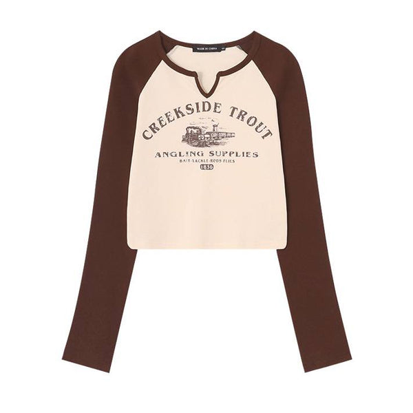 Women's Shoulder Long Sleeve Crop Toptrend Retro Girls Bare Midriff,Apricot S