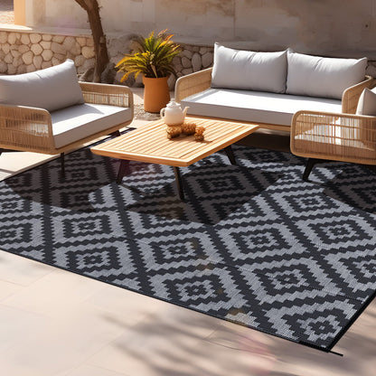 GOTGELIF 9x12 Outdoor Rug Waterproof Outdoor Area Rug Reversible Portable Outdoor Plastic Straw Rug Indoor Outdoor Carpet for Garden Porch RV Camping Mat Grey Black