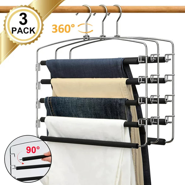 3 Pack Pants Hangers Space Saving, 5-Tier Pants Rack, Non-Slip Stainless Steel Hangers, Swing Arm Trousers Hanger, Closet Storage Organizer for Pants Jeans Trouser