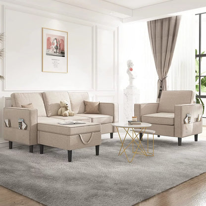 Mjkone Convertible Sectional Sofa Couch with Storage Ottoman, 3 Pcs Couch Set with Storage Pockets, Sectional Couches for Living Room, 3-Seater + Ottoman+ 1-Seater (Beige)