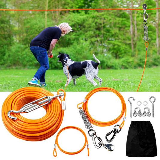 Dog Tie Out Runner for Yard, 75ft Dog Trolley Runner Cable for Dogs up to 250lbs, Dog Lead for Yard, Camping, with 15FT Dog Runner Line, Orange