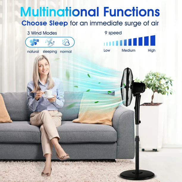 Melliful 16" Pedestal Fan with 3-Speeds, Oscillating Fan with Adjustable Height and Tilt, Standing Fan for Bedroom Home Office, Black