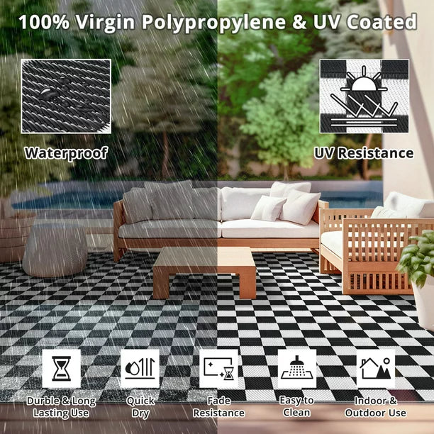 GOTGELIF 9x18 Outdoor Rug Plasti Straw Rug Waterproof Area Rugs Reversible Patio Rug Portable Rug Black and White Outdoor Rug with 4 Ground Nails for RV,Patio,Backyard,Deck,Picnic,Beach