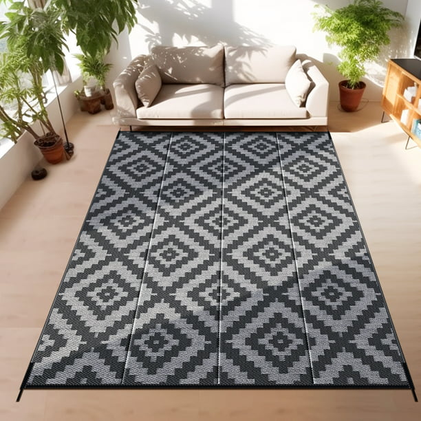 GOTGELIF 9x12 Outdoor Rug Waterproof Outdoor Area Rug Reversible Portable Outdoor Plastic Straw Rug Indoor Outdoor Carpet for Garden Porch RV Camping Mat Grey Black