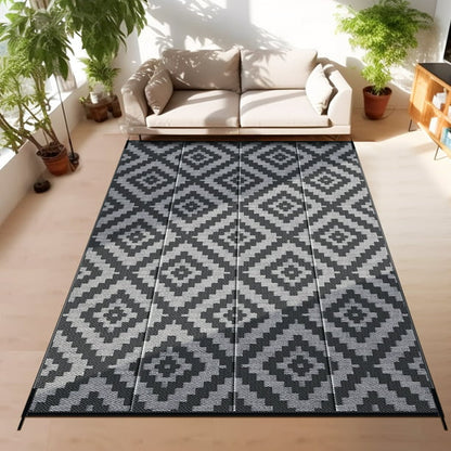 GOTGELIF 9x18 Outdoor Rug Waterproof Outdoor Area Rug Reversible Portable Outdoor Plastic Straw Rug Indoor Outdoor Carpet for Garden Porch RV Camping Mat Grey Black