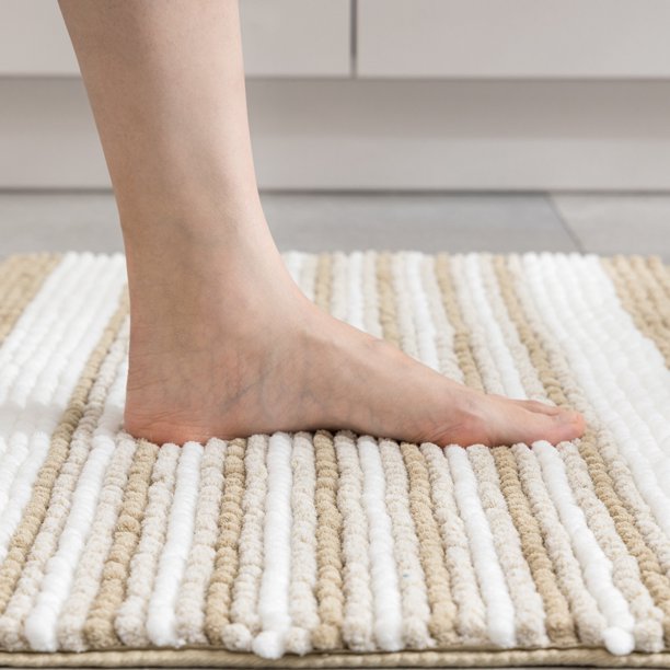 Ultra Soft Chenille Bathroom Rug, Dry Fast Non Slip Bathmat, Off White 17 x 24 + 20 x 30 inches，2 Pack