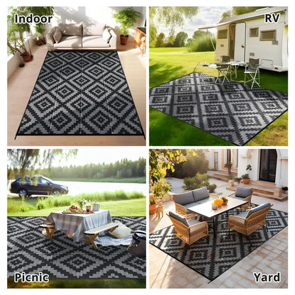 GOTGELIF Outdoor Rug 6x9 Waterproof Outdoor Area Rug Reversible Portable Outdoor Plastic Straw Rug Indoor Outdoor Carpet for Garden Porch RV Camping Mat Grey Black