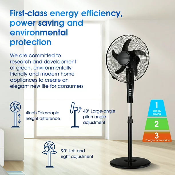 IFANZE 16" Pedestal Fan, Brushless Motor Oscillating Stand Fan Height Adjustable, 3 Speeds Settings, Ideal for Home Office Bedroom Use