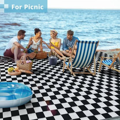 GOTGELIF 9x18 Outdoor Rug Plasti Straw Rug Waterproof Area Rugs Reversible Patio Rug Portable Rug Black and White Outdoor Rug with 4 Ground Nails for RV,Patio,Backyard,Deck,Picnic,Beach