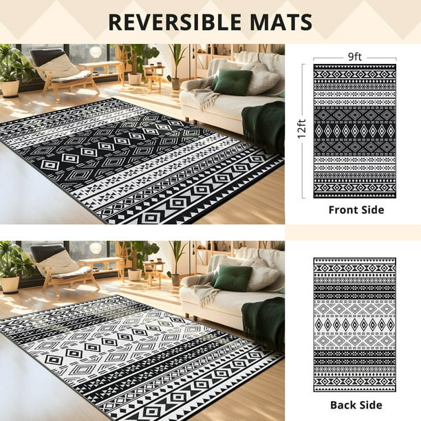 GOTGELIF 9x12 Outdoor Rug Plasti Straw Rug Bohemia Carpet Waterproof PP Tube Woven Portable Mat for RV,Patio Decor,Porch,Balcony,Picnic
