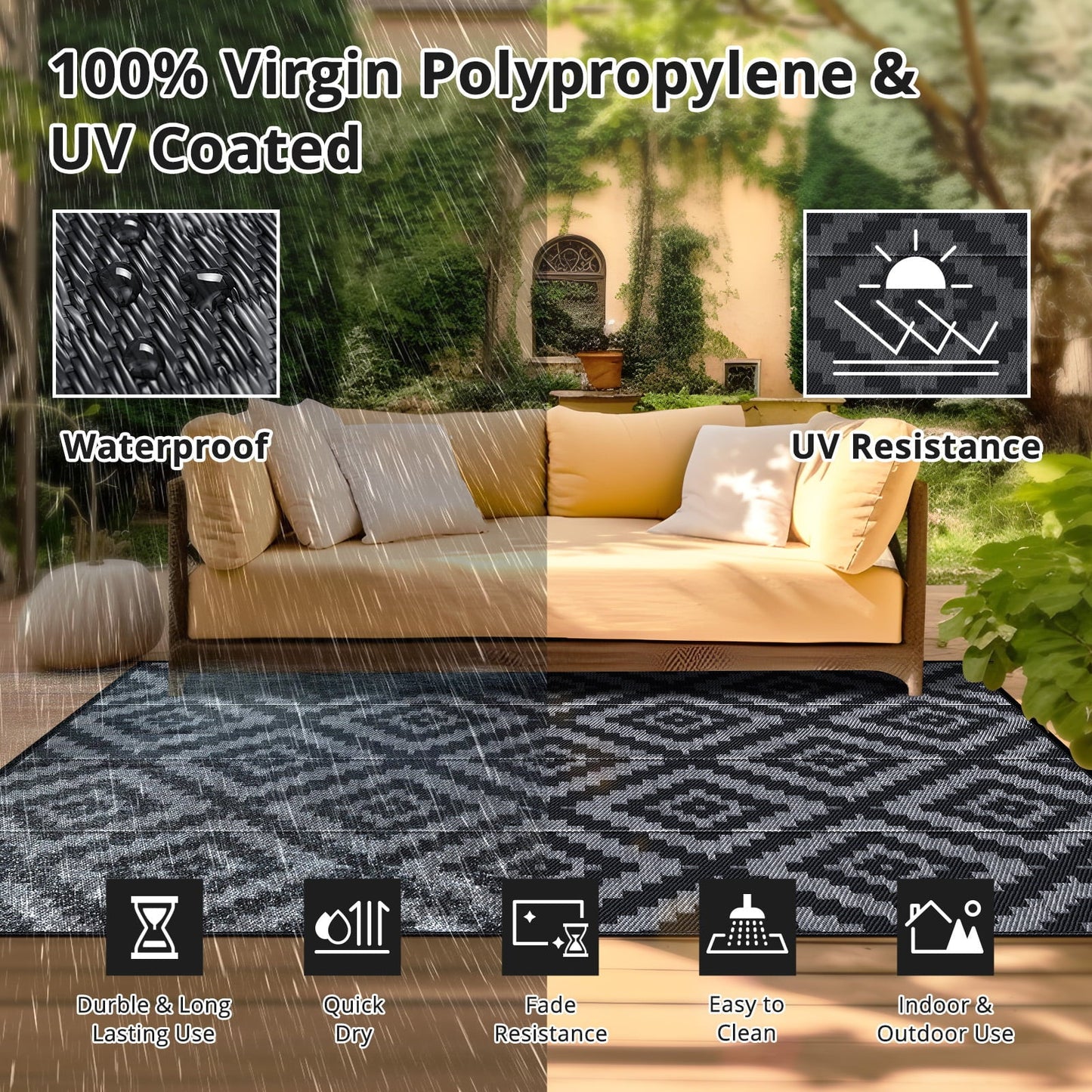 GOTGELIF 5x8 Outdoor Rug Waterproof Outdoor Area Rug Reversible Portable Outdoor Plastic Straw Rug Indoor Outdoor Carpet for Garden Porch RV Camping Mat Grey Black