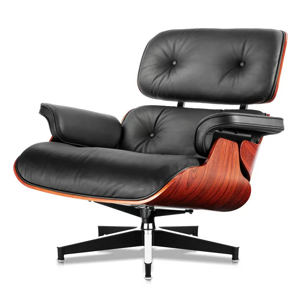 Mid Century Accent Chair and Ottoman Reclining Lounge Chair Upholstered Modern Armchair w/Dark Rosewood Frame,Metal Legs,Black