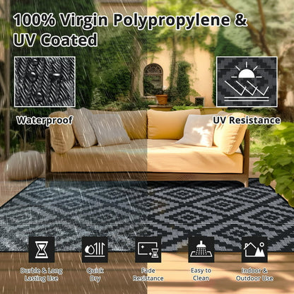 GOTGELIF 9x12 Outdoor Rug Waterproof Outdoor Area Rug Reversible Portable Outdoor Plastic Straw Rug Indoor Outdoor Carpet for Garden Porch RV Camping Mat Grey Black
