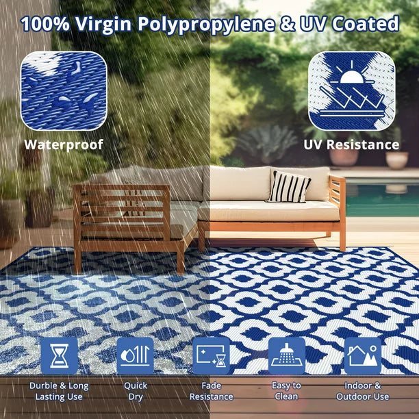 GOTGELIF 5x8 Outdoor Rug Waterproof Area Rugs Reversible Patio Rug Portable Rug with 4 Ground Nails for RV,Patio,Backyard,Deck,Picnic,Beach