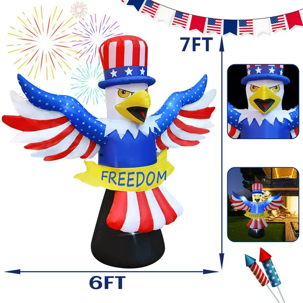 7FT Tall Patriotic Independence Day 4th of July Inflatable, American Flying Bald Eagle Blow Up Inflatables with Build-in LED Lights for Outdoor Indoor Home Celebration Garden Yard Decorations