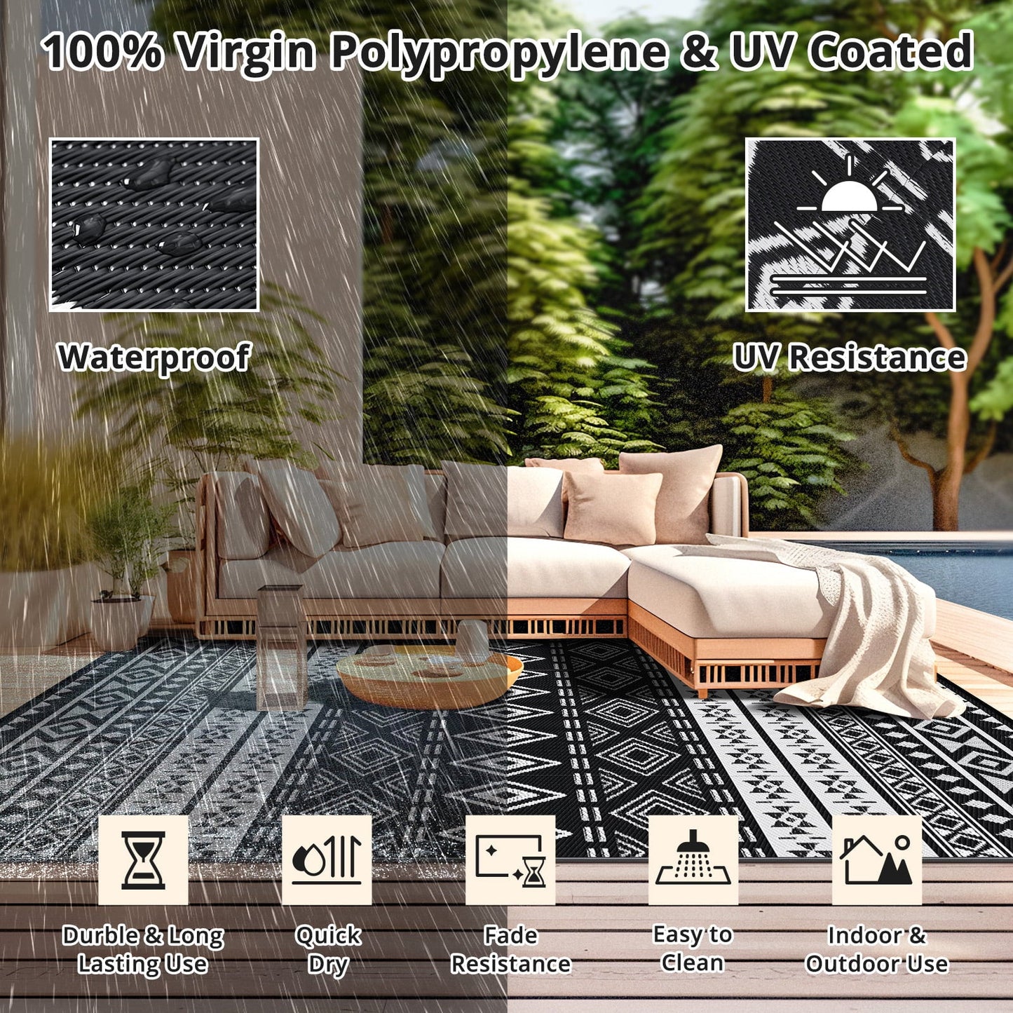 GOTGELIF 5x8ft Outdoor Bohemia Carpet Waterproof PP Tube Woven Picnic Mat for Patio Decor Porch Balcony Picnic Rug